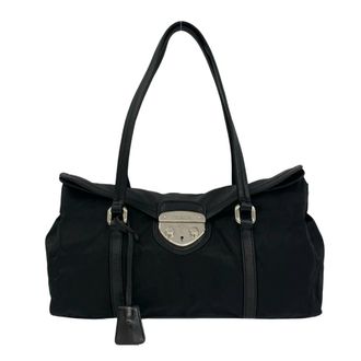 Prada Black Nylon Leather Shoulder Bag Tote Bag (Pre-Owned)
