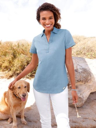 Casual Looks Jeansbluse CASUAL LOOKS, Damen, Gr. 36, blau, bleached, 100% Baumwolle, unifarben, Blusen Jeansbluse