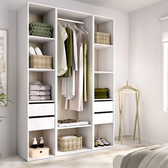 Dmora Armario Grande Bellwood, Dormitorio, 7 Estantes, Barra Para Ropa, 4 Cajones, 45x205h Cm Blanco