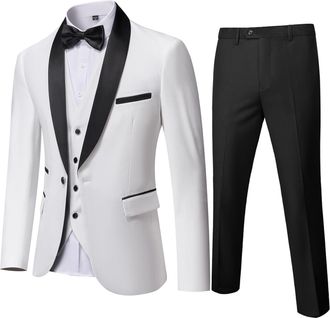 Mys Mens 3 Piece Tuxedo Set with Bow Tie, Shawl Lapel One Button Jacket Vest & Pants, Slim Fit Suit Prom Party Wedding Tux, Natural White, M