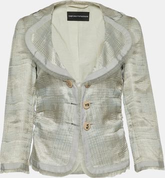 Emporio Armani Grey Checked Linen Blend Ruffle Detail Jacket