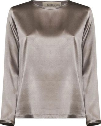Blanca Vita Blouse met ronde hals van zijde - Dames - Blouses - Beige - M - Overhemden
