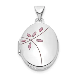 Diamond2Deal 14k White Gold Pink Enamel Leaves 19mm Oval Locket