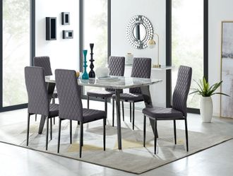 Furniturebox Andria Marble Effect Dining Table With Black Legs & 6 Milan Velvet Black Leg Chairs in Grey