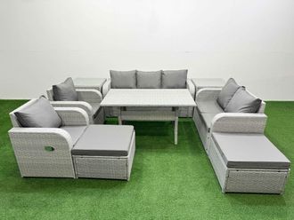 Fimous PE Rattan Garden Furniture Set Reclining Chair Sofa Double Love Seat 2 Seater Sofa Lounge Set Rectangular Dining Table 2 Big Footstool 2 Side