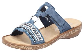 Rieker Pantolette RIEKER, Damen, Gr. 36, blau, Nubuklederimitat, unifarben, Schuhe Pantolette, Keilabsatz, Sommerschuh, Schlappen mit Pailetten- und Perlenbe