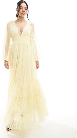 Lace & Beads Bridesmaid Madison long sleeve maxi dress in butter yellow