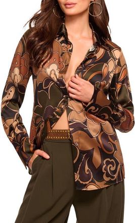 Ramy Brook Retro Floral Stretch Silk Bitton-Up Shirt in Boho Brown Combo at Nordstrom, Size Xx-Small