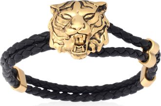Roberto Cavalli Black Leather Tiger Head Bracelet