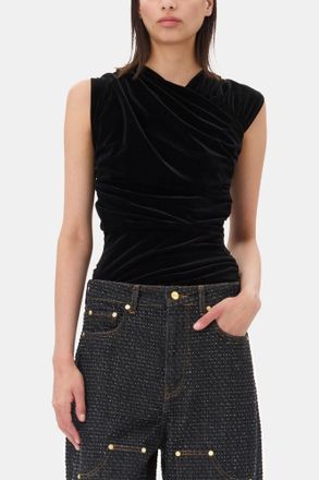 Ganni Black Velvet Ruched Top - Size 32