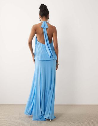 Asos Vestito lungo allacciato al collo drappeggiato in rete blu