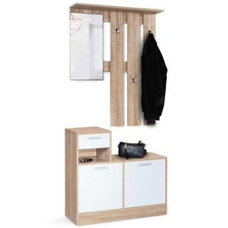 IDMarket Mobile Da Ingresso, Appendiabiti Con Specchio, Design In Legno Faggio E Ante Bianco Paulin