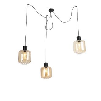 QAZQA Qazqa - Dise&ntilde;o L&aacute;mpara Colgante De Dise&ntilde;o Negra Con Cristal &Aacute;mbar 3 Luces 226 Cm - Qara Aluminio /vidrio /acero Alargada Adecuado Para Led Max. 3 X 60