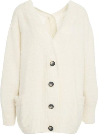 SOLOTRE V-Neck Misto Mohair Cardigan With Practical Patch Pockets