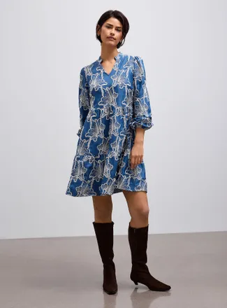 Contemporaine Womens Embroidered faux-denim tiered dress