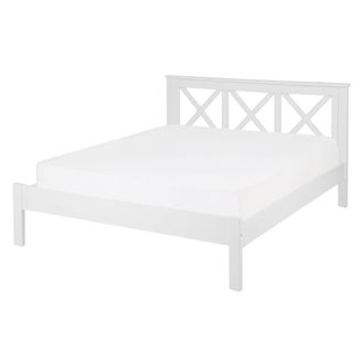 Beliani Cama Doble De Madera Blanca 140 X 200 Cm Con Cabecero Decorativo Dise&ntilde;o R&uacute;stico Tannay