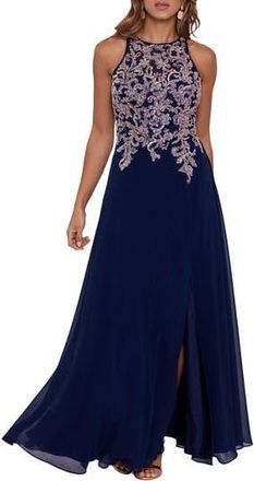 Betsy & Adam Embellished Bodice Chiffon Gown in Navy/Rose at Nordstrom Rack, Size 10