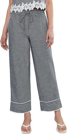 CeCe by Cynthia Steffe Linen Denim Elastic Waist Scallop Trim Pants Womens Clothing Med Indigo : SM 30.5, Cotton/Denim/Linen