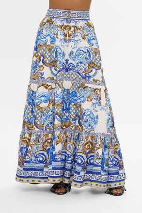 Camilla High Waisted Tiered Skirt In Azul Adventures