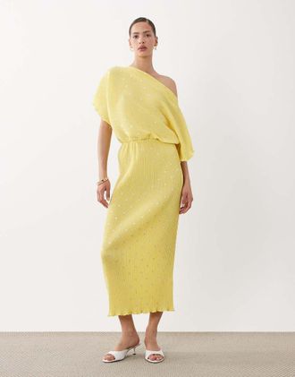 Never Fully Dressed Tilly - Vestito lungo pliss&eacute; giallo limone con spalle scoperte
