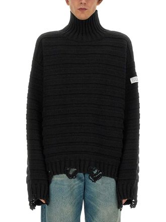 Maison Margiela High Neck Textured Knit Sweater With Distressed Details