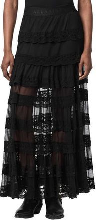 AllSaints Maggie Lace Ruffle Maxi Skirt in Black at Nordstrom, Size 12