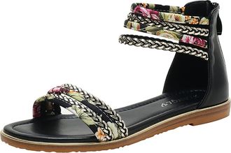 Generic Ladies Fashion Casual Floral Flat Roman Sandals for Women Travel Beach Holiday Comfortable Walking Footwear (Black, 4.5)