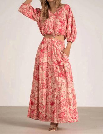 Elan Ibiza Voile Leaf Print Maxi Skirt In Pink