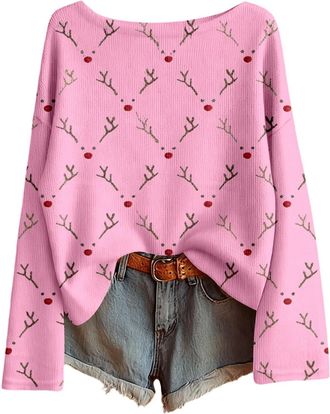 Generic christmas jumpers for women Christmas Jumper 2025 Xmas Printed Ladies Tops Long Sleeves Crew Neck Knitted Jumpers Soft Comfortable xmas Pullover Sweat