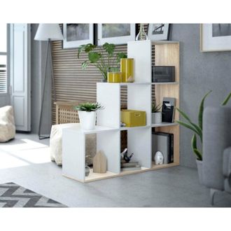 Dmora Libreria Cincinnati, Mobile portalibri bifacciale con 6 scomparti, Scaffale divisorio da ufficio, 108x28h110 cm, Bianco e Rovere