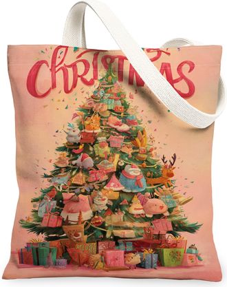 Generic Christmas Tree Canvas Tote Bags, Festive Design Reusable Grocery Bags, Vintage Lightweight Washable Shoulder Strap Canvas F, Peach, 13x15 Inch