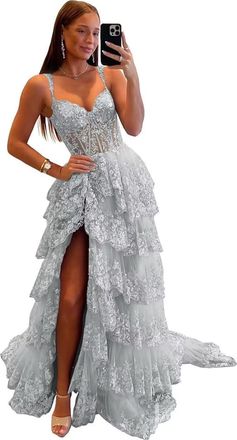 Generic Glitter Lace Tiered Tulle Prom Dress Long with Slit Sparkly Spaghetti Straps Formal Evening Gown Wedding Party Ball Gown Silver 10