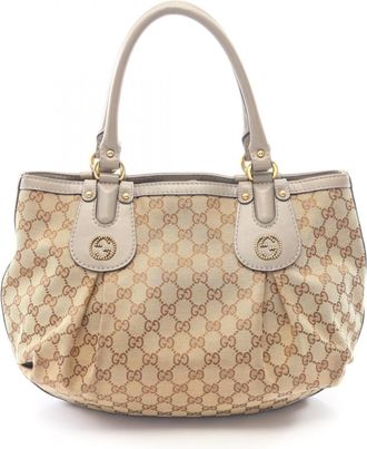 Gucci Beige Gray Canvas Leather Tote Bag (Pre-Owned)