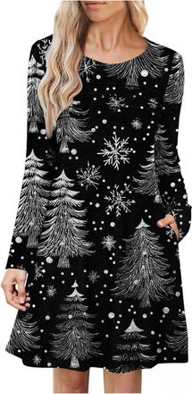 Generic Womens Christmas Dress Casual Long Sleeve Xmas Tree Snowman Print Dresses Crew Neck Novelty Party Holiday Comfort Costume Womens Christmas Fancy Dress