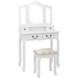 vidaXL Vidaxl - Juego De Tocador Y Taburete Madera Paulownia Blanco 80x69x141cm