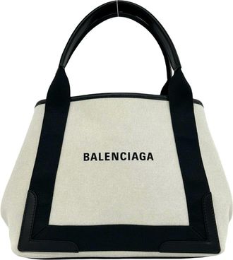 Balenciaga Navy White Canvas Leather Handbag Pouch Tote Bag (Pre-Owned)