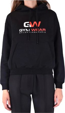 Balenciaga Hooded Print Sweatshirt met Zakken aan de Voorkant - Dames - Hoodies - Zwart - L - Katoen - Hoodies & sweatvesten