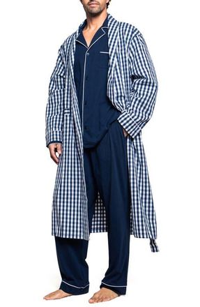 Petite Plume Mens Gingham Cotton Twill Robe in Navy at Nordstrom, Size Large