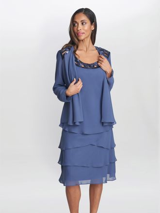 Gina Bacconi Womens Leigh Embellished Tiered Sequin Jacket Dress - Blue - Size 12 UK