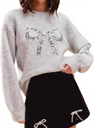So Me Brent Bow Sequin Holiday Sweater Top In Heather Grey