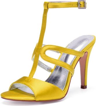 Generic Wedding Bridal Shoes Womens Stiletto Heels Sandals Sexy Open Toe Bridal Satin Wedding Party Dressy Heels Shoes 10.5Cm,Yellow,3 UK