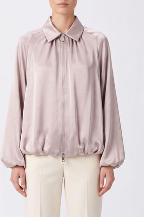 Liviana Conti Cropped Draped Satin Bomber Jacket with Balloon Sleeves