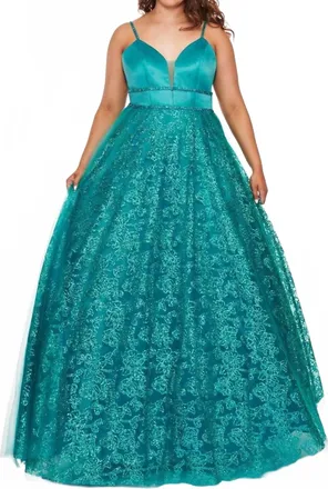 Rachel Allan Matte Satin Glitter Tulle Prom Gown In Jade