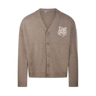 Maison Kitsun&eacute; C&aacute;rdigan de Merino con Cabeza de Zorro - Knitwear - Hombre - Beige - L