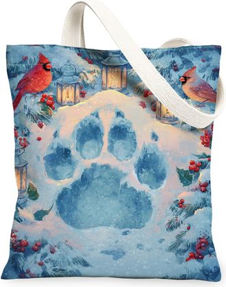 Generic Winter Animal Paw Print Canvas Tote Bags, Vintage Cardinal Design Reusable Grocery Bags, Lightweight Washable Shoulder Strap Canvas for Outdoor Travel