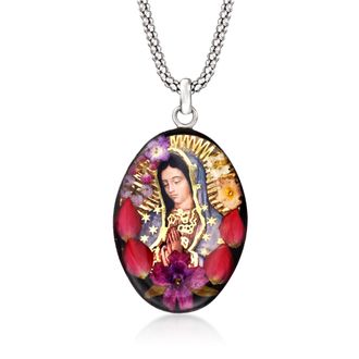 Ross-Simons Our Lady Of Guadalupe Pendant Necklace With Dried Flowers in Sterling Silver