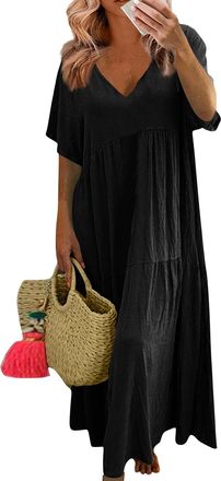 Generic Linen Maxi Dress for Women Summer Cotton Linen V-Neck Short Sleeve Baggy Outfits Oversized Boho Vacation Dresses