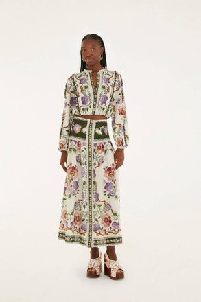 Farm Rio Rococo Flowers Midi Skirt In Cream