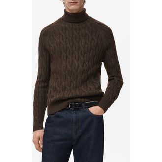 Mango Cable Stitch Turtleneck Sweater in Brown at Nordstrom, Size X-Large