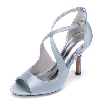 Generic Wedding Bridal Shoes Women Pumps Peep Satin Open Toe Strap Stiletto High Heel Dress Shoes Pumps Office Party Wedding9.5Cm,Silver,10 UK